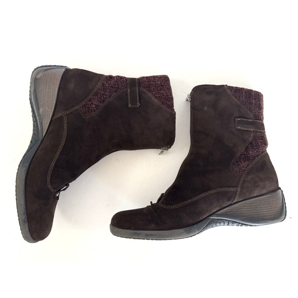 Aquatalia Mia Brown Suede Boots 9 Zip-Front Knit Cuff Low Wedge Heel Booties - Picture 8 of 16